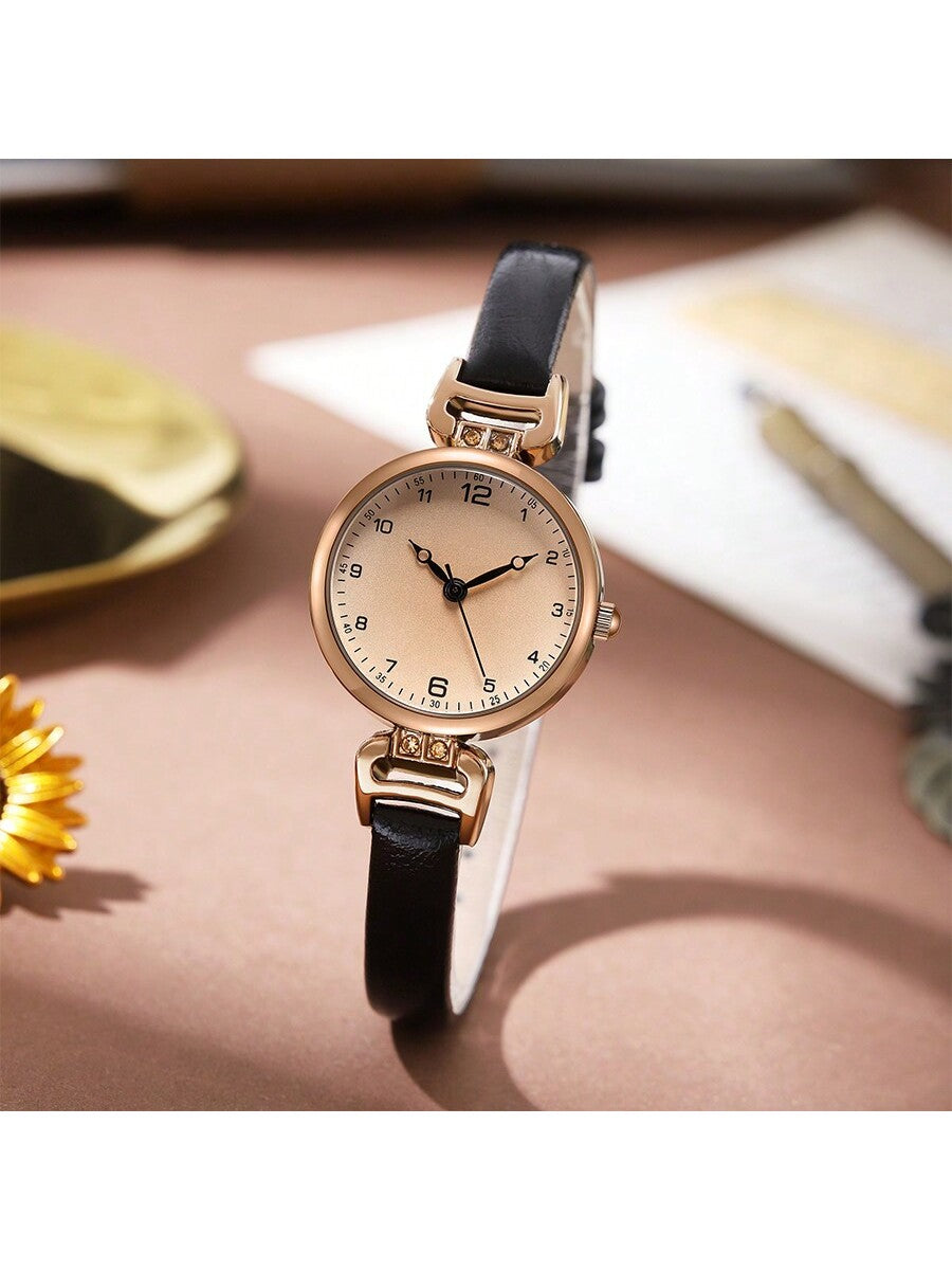 Women's Vintage Style Quartz Watch – Brown PU Leather Strap & Round Dial